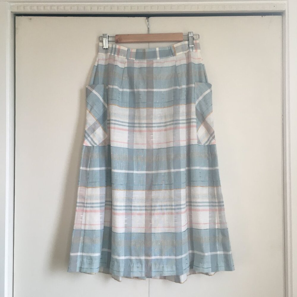 Vintage Pastel Pink & Sage Green Pocket Pleated Button Up Made in Canada Skirt - Picture 2 of 16